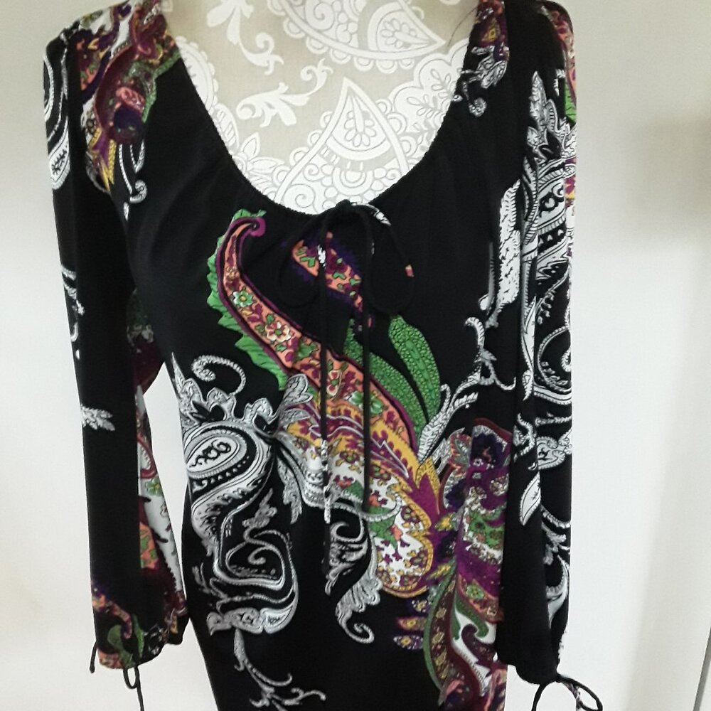 Lane Bryant 3/4 tie sleeves and neckling black paisley design midi dress 18/20